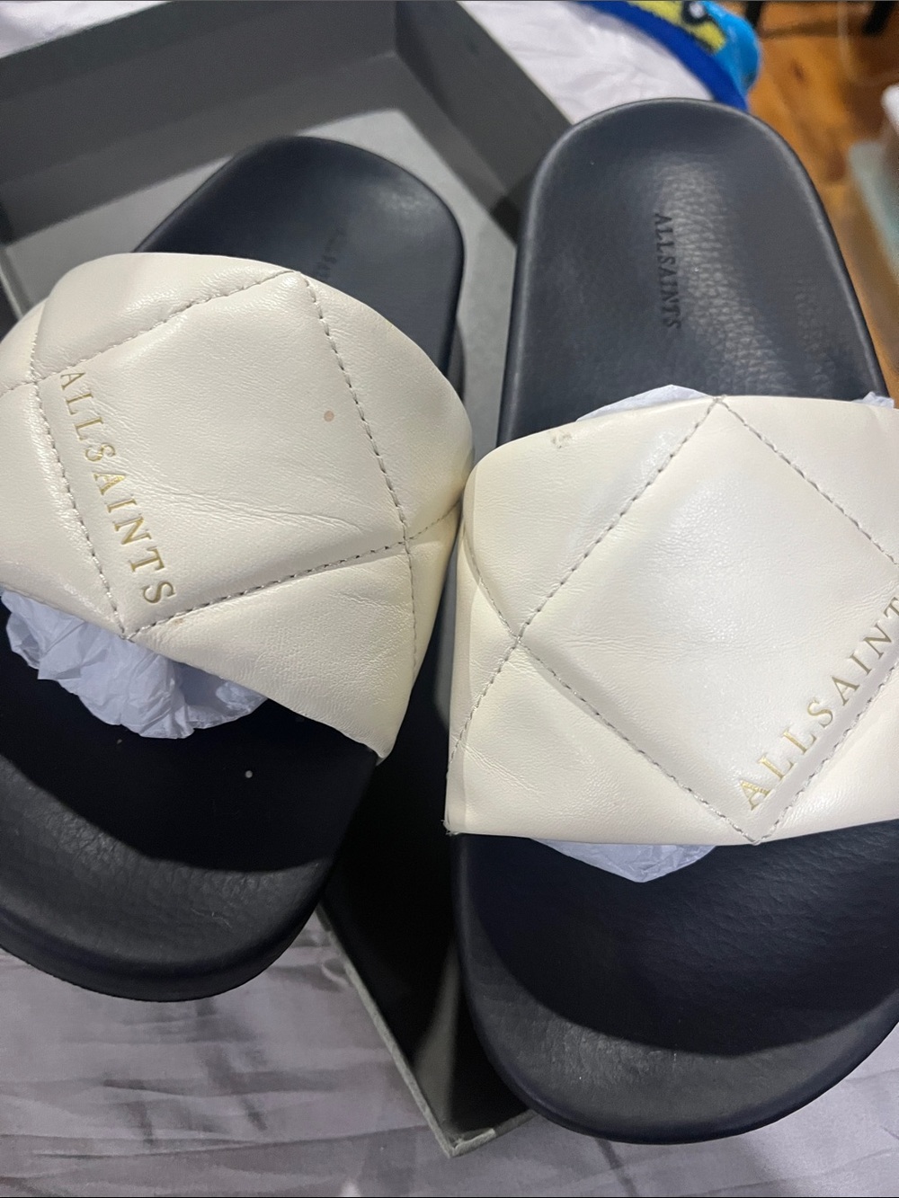 All Saints Cream Quilted Slide Sandals with Black Footbed